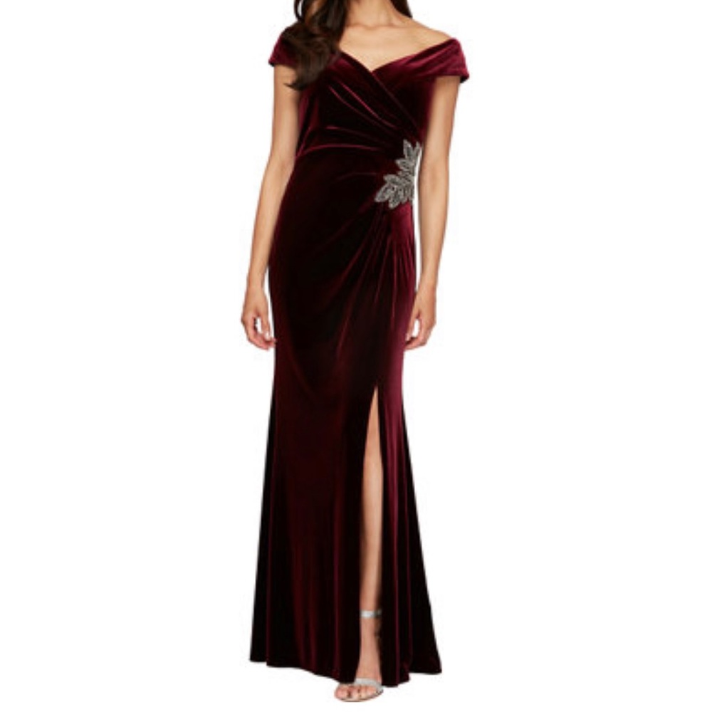 Alex Evenings wine Off the Shoulder Side Embroidered Velvet Gown